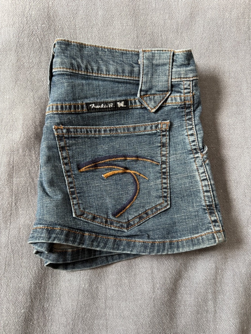 Frankie B. Blue Denim Jean Shorts with Orange Stitching